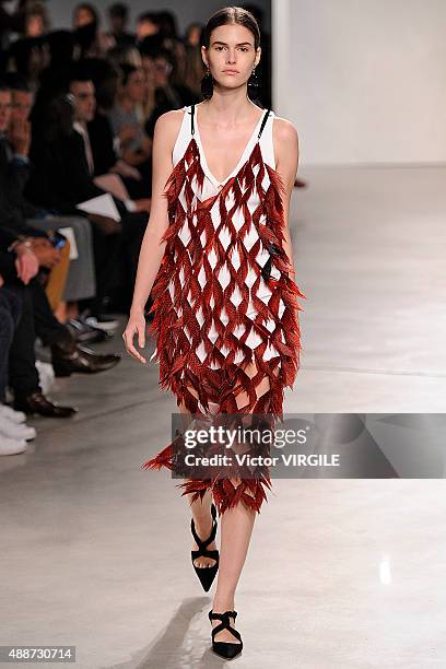 Model walks the runway at the Proenza Schouler Spring Summer 2016 fashion show during the New York Fashion Week on September 16, 2015 in New York...