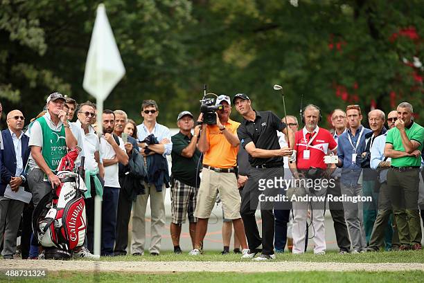 Nicolas Colsaerts of Belgium plays his third shot on the ninth hole during the first round of the 72nd Open d'Italia at Golf Club Milano on September...