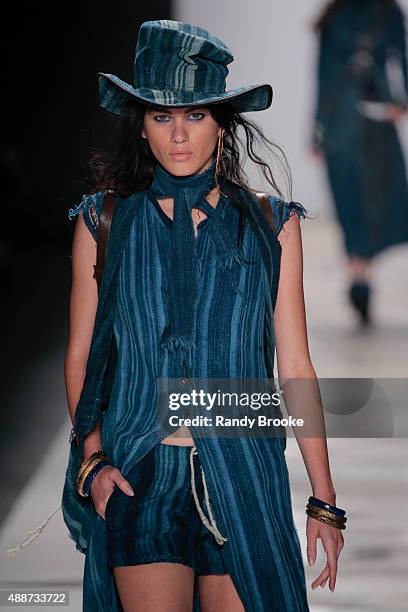 Model walks the runway at the Greg Lauren Runway Spring 2016 New York Fashion Week: The Shows at The Dock, Skylight at Moynihan Station on September...