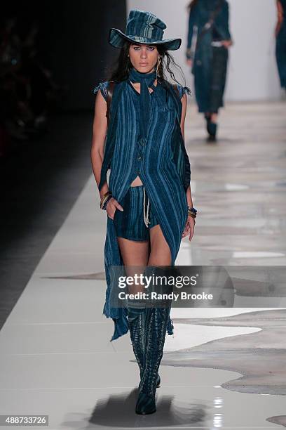 Model walks the runway at the Greg Lauren Runway Spring 2016 New York Fashion Week: The Shows at The Dock, Skylight at Moynihan Station on September...