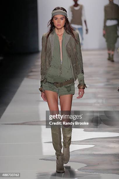 Model walks the runway at the Greg Lauren Runway Spring 2016 New York Fashion Week: The Shows at The Dock, Skylight at Moynihan Station on September...