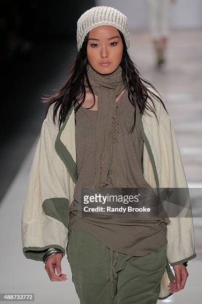 Model walks the runway at the Greg Lauren Runway Spring 2016 New York Fashion Week: The Shows at The Dock, Skylight at Moynihan Station on September...