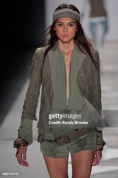 Model walks the runway at the Greg Lauren Runway Spring 2016 New York Fashion Week: The Shows at The Dock, Skylight at Moynihan Station on September...