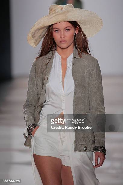 Model walks the runway at the Greg Lauren Runway Spring 2016 New York Fashion Week: The Shows at The Dock, Skylight at Moynihan Station on September...