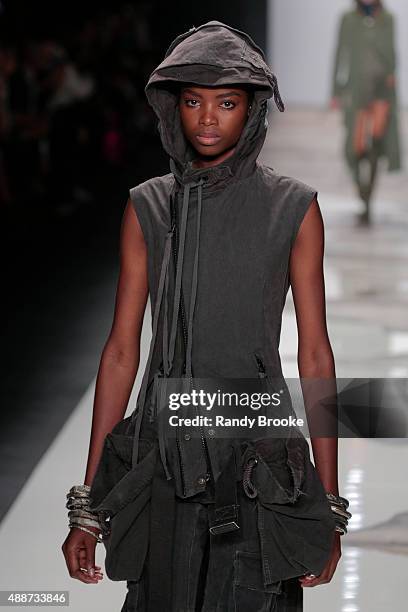 Model walks the runway at the Greg Lauren Runway Spring 2016 New York Fashion Week: The Shows at The Dock, Skylight at Moynihan Station on September...