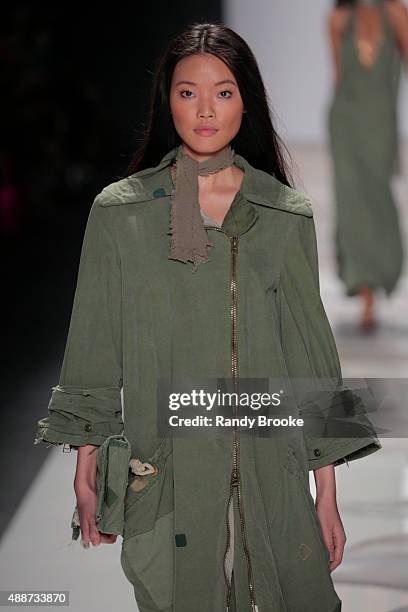 Model walks the runway at the Greg Lauren Runway Spring 2016 New York Fashion Week: The Shows at The Dock, Skylight at Moynihan Station on September...