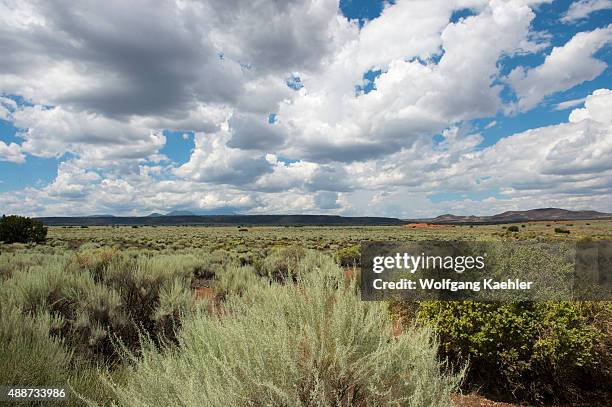 View of the prairie landscape at the Wukoki Pueblo in the Wupatki National Monument Park in northern Arizona, USA, where the Northern Sinagua people...