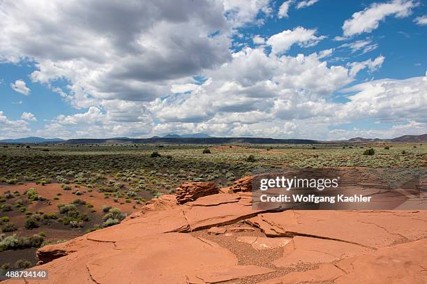 View of the prairie landscape from the Wukoki Pueblo in the Wupatki National Monument Park in northern Arizona, USA, where the Northern Sinagua...