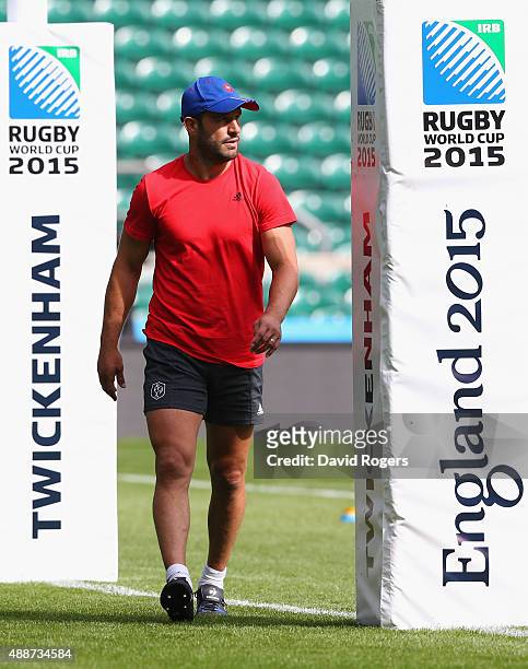 Frederic Michalak of France looks on as he practices his kicking during the France Captain's Run at Twickenham Stadium on September 17, 2015 in...