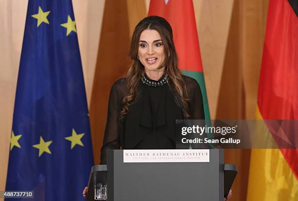 Queen Rania of Jordan speaks at the Walther Rathenau Award ceremony on September 17, 2015 in Berlin, Germany. The award is in recognition of foreign...