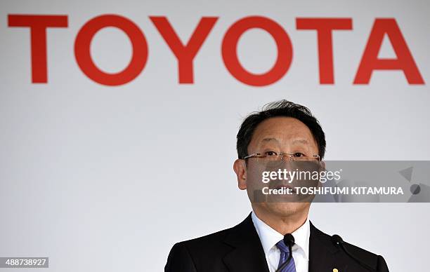 Toyota Motors president Akio Toyoda delivers a speech during the company's financial results announcement at their Tokyo headquarters on May 8, 2014....