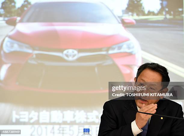 Toyota Motors president Akio Toyoda answers a question as he announces the company's financial results at their Tokyo headquarters on May 8, 2014....