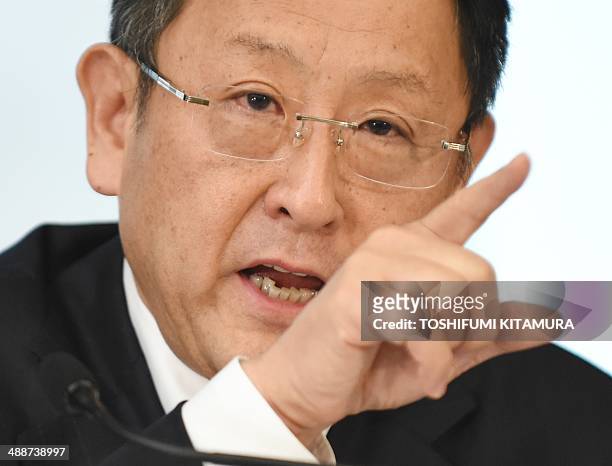 Toyota Motors president Akio Toyoda answers a question as he announces the company's financial results at their Tokyo headquarters on May 8, 2014....