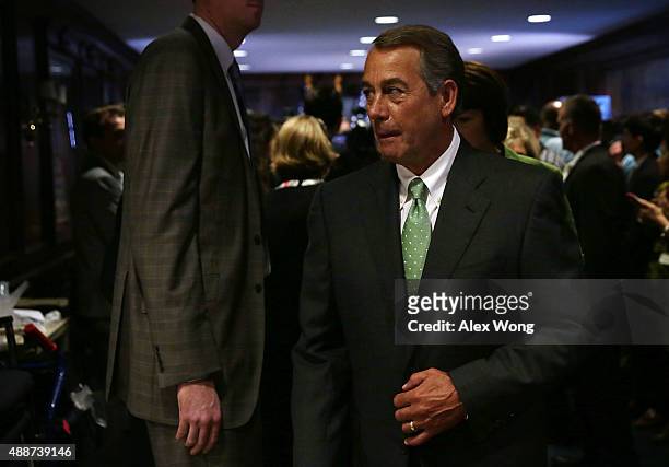 Speaker of the House Rep. John Boehner leaves after a media availability at the Republican National Committee September 17, 2015 on Capitol Hill in...
