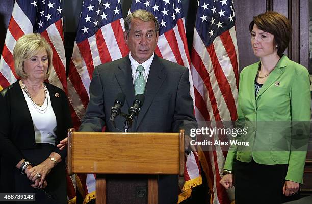 Speaker of the House Rep. John Boehner speaks as Rep. Diane Black , and Rep. Cathy McMorris Rodgers listen during a media availability at the...