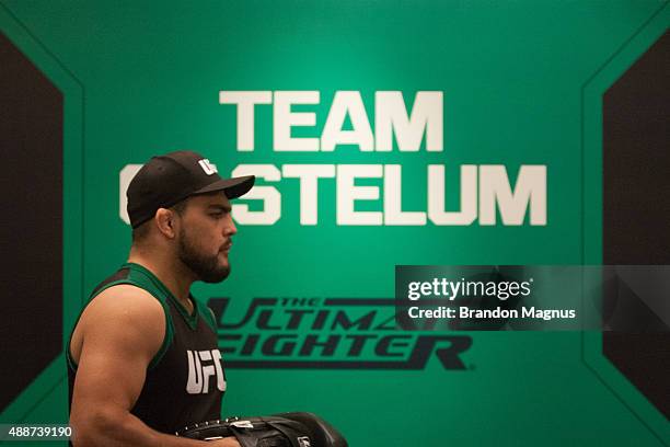 Head Coach Kelvin Gastelum prepares to help Enrique Marin warm up during the filming of The Ultimate Fighter Latin America: Team Gastelum vs Team...