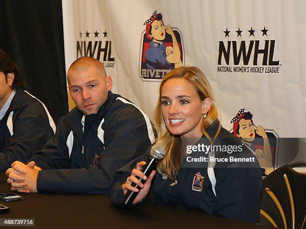 Head coach Chad Wiseman and General Manager Dani Rylan of the New York Riveters of the National Womens Hockey League speak with the media at Aviator...