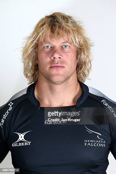 Mouritz Botha of Newcastle Falcons poses for a portrait at the photocall held at Kingston Park on September 17, 2015 in Newcastle upon Tyne, England.