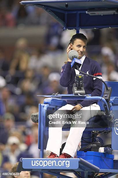 View of chair umpire Eva Asderaki-Moore seated during Switzerland Roger Federer vs Serbia Novak Djokovic Men's Final at BJK National Tennis Center....