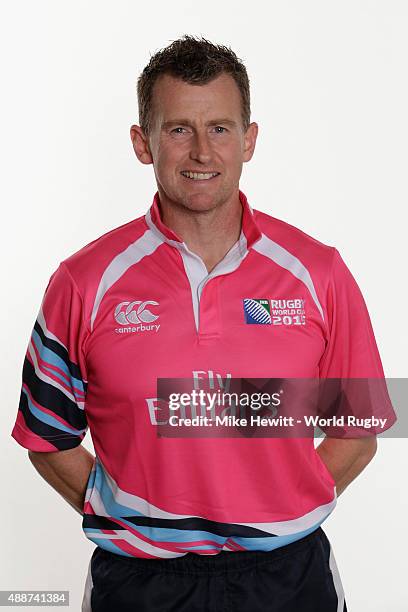 Match official Nigel Owens poses for a portrait during Rugby World Cup 2015 Match officials photo call at the Landmark Hotel on September 17, 2015 in...