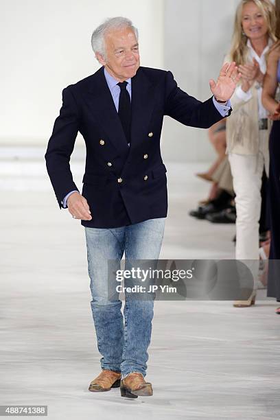 Designer Ralph Lauren poses on the runway at his Spring 2016 fashion show during New York Fashion Week: The Shows at Skylight Clarkson Sq on...