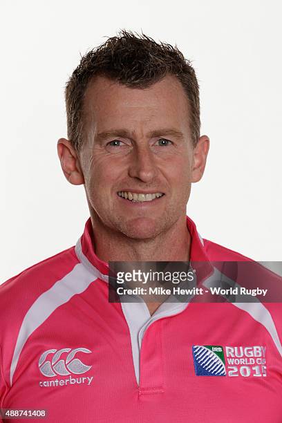 Match official Nigel Owens poses for a portrait during Rugby World Cup 2015 Match officials photo call at the Landmark Hotel on September 17, 2015 in...