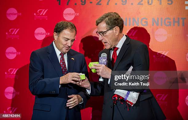 Governor Gary R. Herbert, State of Utah and Scott Anderson of Zions Bank exchange gifts at Sundance Film Festival Hong Kong Opening Night Reception...