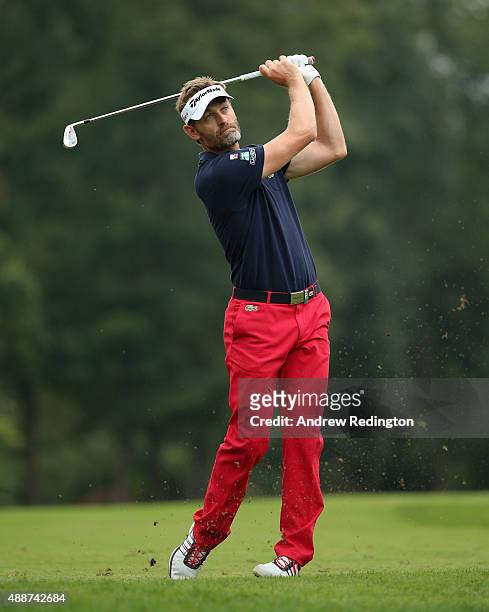 Raphael Jacquelin of France plays his second shot on the 13th hole during the first round of the 72nd Open d'Italia at Golf Club Milano on September...