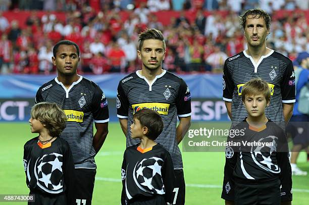 Raffael, Julian Korb and Roel Brouwers of Borussia Moenchengladbach before the UEFA Champions League match between FC Sevilla and Borussia...