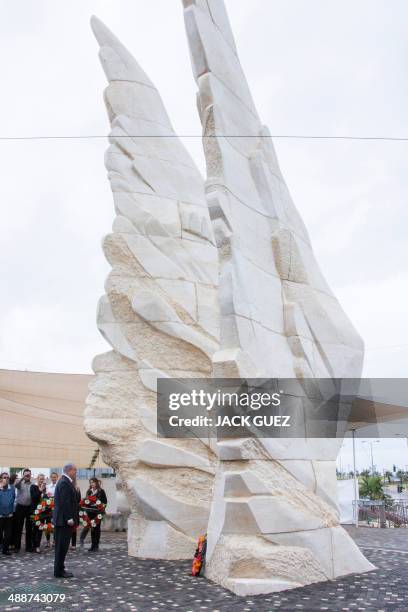 Israeli Prime Minister Benjamin Netanyahu lays a wreath at the "Victory Monument" during a ceremony commemorating the Allied victory over Nazi...