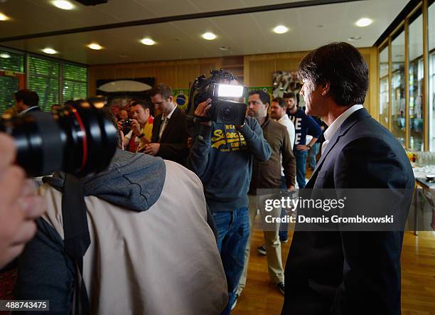 Head coach Joachim Loew arrives for the Germany FIFA World Cup 2014 Squad Announcement press conference at the DFB headquarters on May 8, 2014 in...