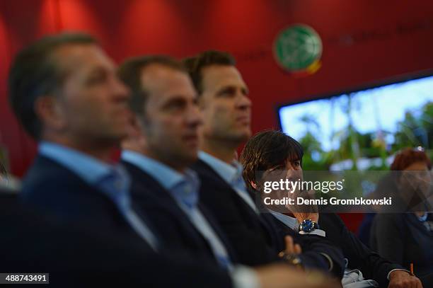 Head coach Joachim Loew reacts during the Germany FIFA World Cup 2014 Squad Announcement press conference at the DFB headquarters on May 8, 2014 in...