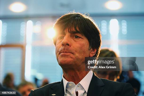 Head coach Joachim Loew looks on during the Germany FIFA World Cup 2014 Squad Announcement press conference at the DFB headquarters on May 8, 2014 in...