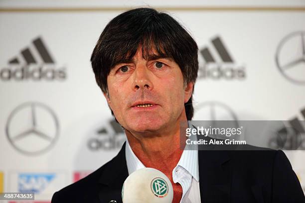 Head coach Joachim Loew attends the Germany FIFA World Cup 2014 Squad Announcement press conference at the DFB headquarters on May 8, 2014 in...