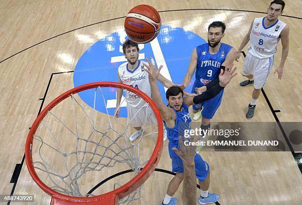 Italy's small forward Alessandro Gentile takes a shot during the classification basketball match between the Czech Republic and Italy at the...