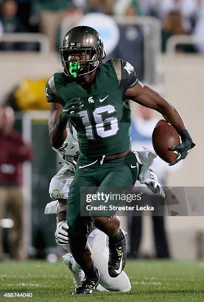 Aaron Burbridge of the Michigan State Spartans during their game at Spartan Stadium on September 12, 2015 in East Lansing, Michigan.