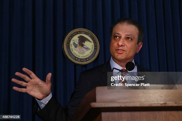 Manhattan U.S. Attorney Preet Bharara speaks at a news conference in Manhattan to announce that Federal prosecutors have reached an agreement with...