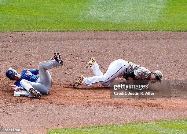 Chris Coghlan of the Chicago Cubs slides into Jung Ho Kang of the Pittsburgh Pirates resulting in injury in the first inning during the game at PNC...