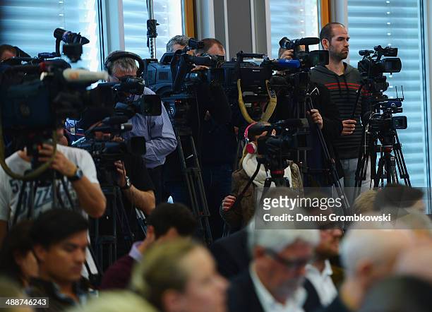 Media is seen during the Germany FIFA World Cup 2014 Squad Announcement press conference at the DFB headquarters on May 8, 2014 in Frankfurt am Main,...