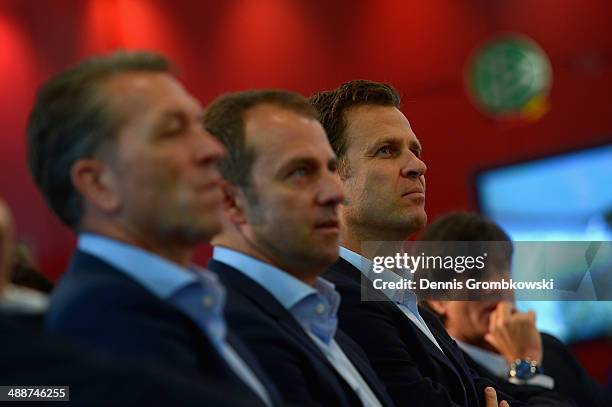 Manager Oliver Bierhoff of Germany looks on during the Germany FIFA World Cup 2014 Squad Announcement press conference at the DFB headquarters on May...