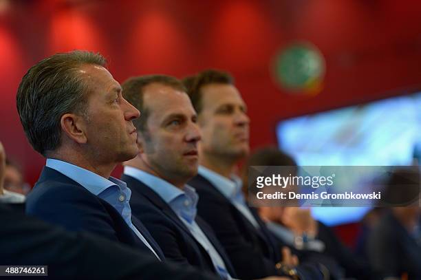 Goalkeeper coach Andreas Koepke of Germany looks on during the Germany FIFA World Cup 2014 Squad Announcement press conference at the DFB...