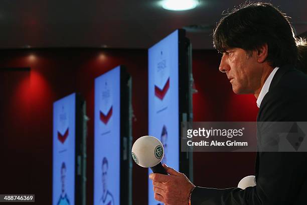 Head coach Joachim Loew attends the Germany FIFA World Cup 2014 Squad Announcement press conference at the DFB headquarters on May 8, 2014 in...