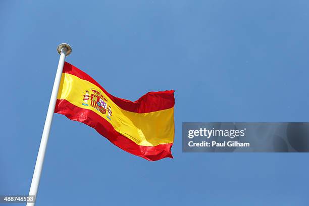 The Spanish national flag flies above the circuit ahead of the Spanish F1 Grand Prix at Circuit de Catalunya on May 8, 2014 in Montmelo, Spain.