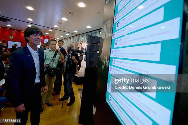 Head coach Joachim Loew looks on during the Germany FIFA World Cup 2014 Squad Announcement press conference at the DFB headquarters on May 8, 2014 in...