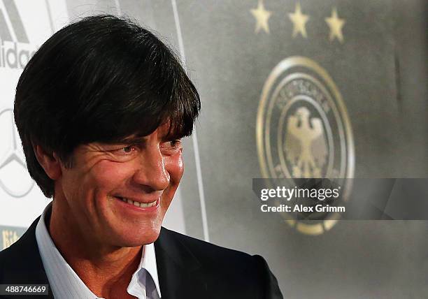 Head coach Joachim Loew smiles during the Germany FIFA World Cup 2014 Squad Announcement press conference at the DFB headquarters on May 8, 2014 in...