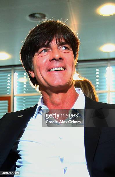 Head coach Joachim Loew smiles during the Germany FIFA World Cup 2014 Squad Announcement press conference at the DFB headquarters on May 8, 2014 in...