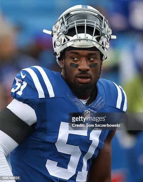 Sio Moore of the Indianapolis Colts warms up before the start of NFL game action against the Buffalo Bills at Ralph Wilson Stadium on September 13,...
