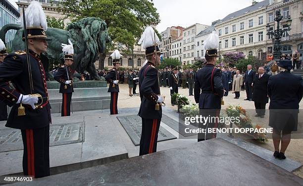 Belgium's Chamber chairman Andre Flahaut and Defence Minister Pieter De Crem pay respect in front of the tomb of the Unknown soldier, as part of a...