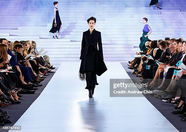 Model walks down the runway during Nordstrom Vancouver Store Opening Gala Fashion Show at Vancouver Art Gallery on September 16, 2015 in Vancouver,...