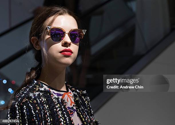 Model stands to display her outfit for the audience during the In-Store Opening Gala at Nordstrom Pacific Centre on September 16, 2015 in Vancouver,...